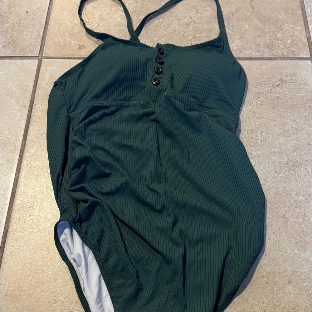 NWT - Maternity One Piece - Dark Green Ribbed Swimsuit - small